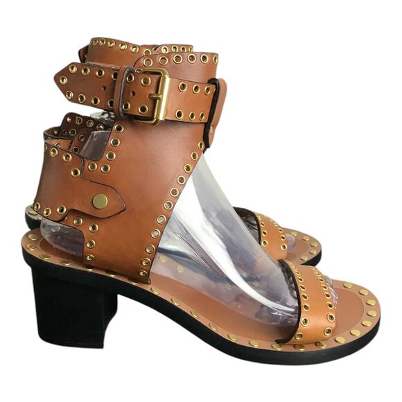 Isabel Marant Jaeryn Grommet Sandals Womens Sz 10 Brn Leather Studded block heel - Picture 5 of 7
